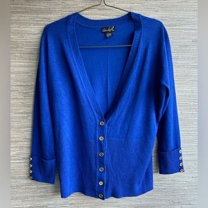 🔵🟤 Royal Blue Low V-Neck Fitted Waist Long-Sleeve Cardigan Size L